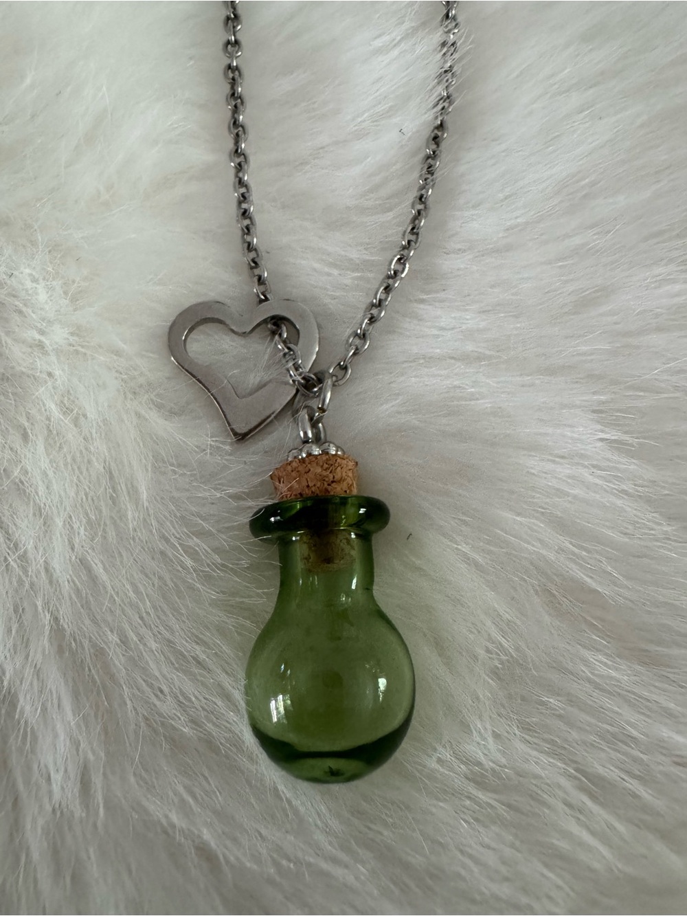 Green Glass Vial Pendant Necklace with Heart Charm